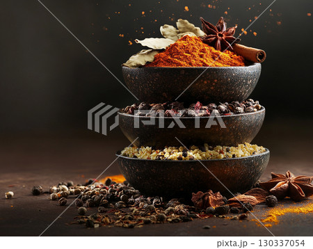 Various Indian spices set against a dark and rustic background. 130337054