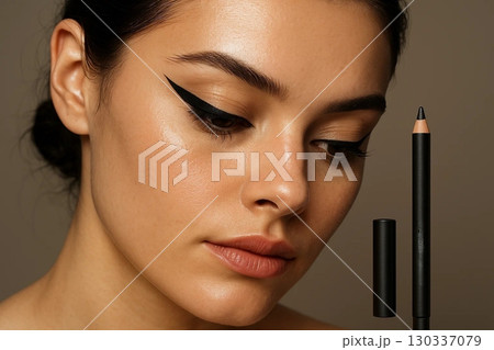 Hyper-Realistic Close-Up Portrait of Young Woman with Luminous Skin and Sharp Black Winged Eyeliner 130337079