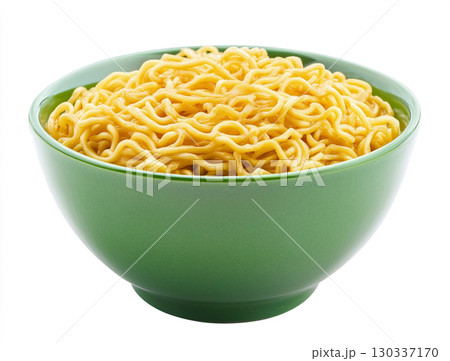 A bowl holds a pile of golden instant noodles, showcasing their curly, wavy texture against a clean white background. A bowl holds a pile of golden instant noodles, showcasing their curly, wavy texture against a clean white background. 130337170