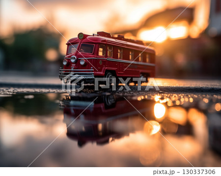 A close-up of a red toy train on a wet surface, reflecting the warm, glowing light of a sunset. 130337306