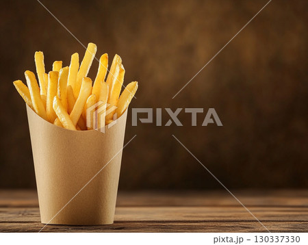 A cup of crispy, golden french fries stands upright on a rustic wooden table. The focus is on the delicious, fast-food snack against a dark, blurred background. 130337330