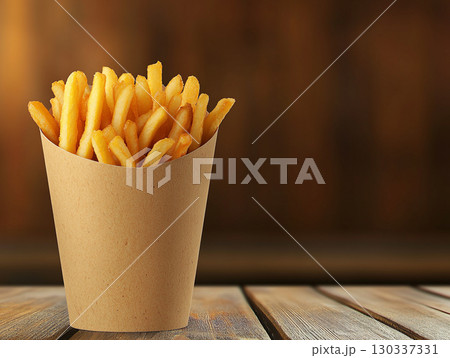 A cup of crispy, golden french fries stands upright on a rustic wooden table. The focus is on the delicious, fast-food snack against a dark, blurred background. 130337331