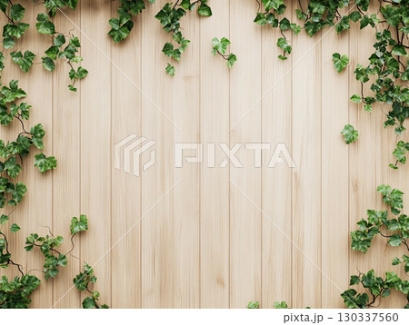 Wooden background with ivy decoration, with copy space for text or product presentation design template.  130337560