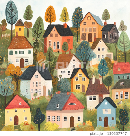 A colorful, whimsical village with houses of various shapes and sizes nestled among trees on a white background.  130337747