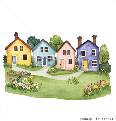 A colorful, whimsical village with houses of various shapes and sizes nestled among trees on a white background.  130337754