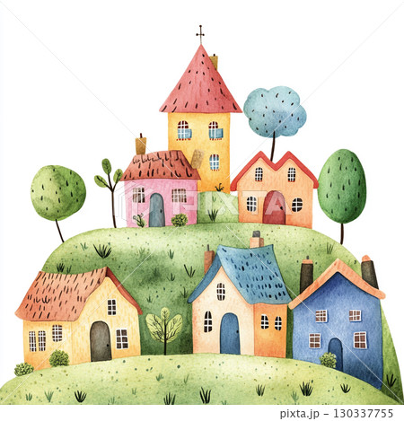 A colorful, whimsical village with houses of various shapes and sizes nestled among trees on a white background.  130337755