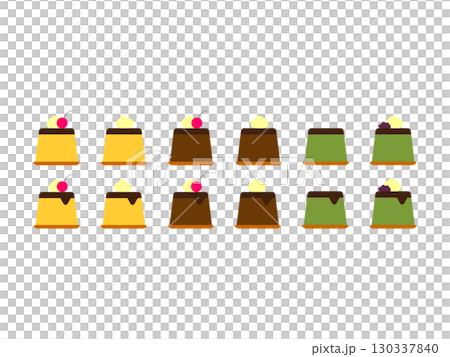 ホイップクリームを乗せたプリンのアイコンのイラストのセット ホイップクリームを乗せたプリンのアイコンのイラストのセット 130337840