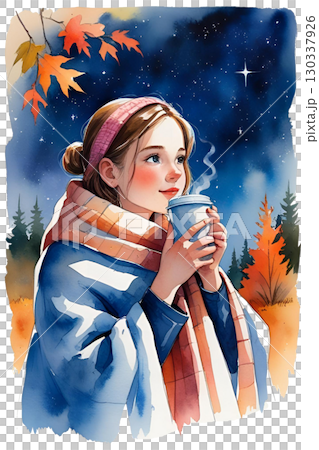 秋日夜空下享用熱飲的女人 130337926