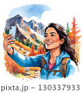 秋の山で自撮りをする女性 130337933