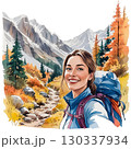 秋の山をハイキングする女性の自撮り 130337934