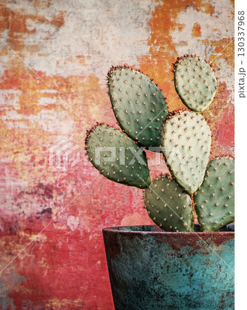 A close-up of an opuntia cactus in a pot, against a vibrant yellow background.  130337968