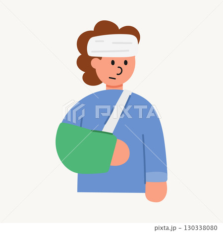 Cartoon illustration of an injured woman wearing an arm cast. Health, accident recovery, and medical care concept. Cartoon illustration of an injured woman wearing an arm cast. Health, accident recovery, and medical care concept. 130338080