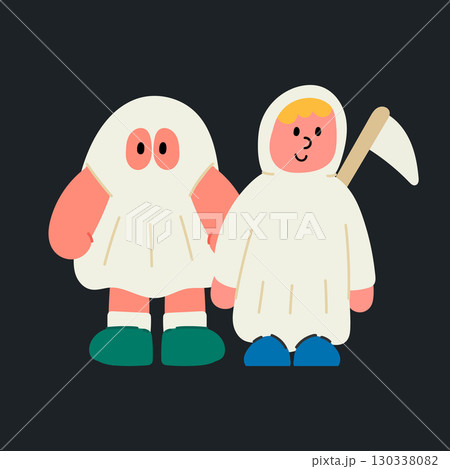 Cartoon illustration of Halloween ghosts and grim reaper. Spooky, scary, and festive holiday concept. 130338082