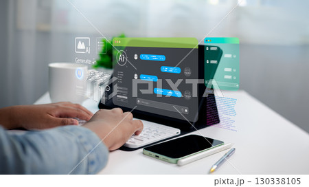 AI chatbot interaction on tablet with futuristic interface, generative AI and data analytics concept 130338105