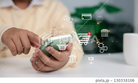 E-commerce and online shopping with smartphone, digital cart, credit card and retail technology icons 130338106