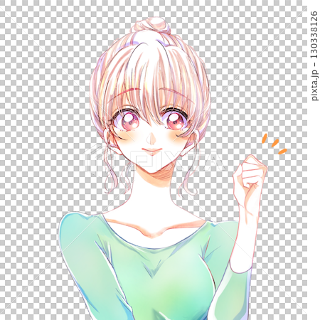 Smiling woman with one hand making a fist, bun hair Smiling woman with one hand making a fist, bun hair 130338126