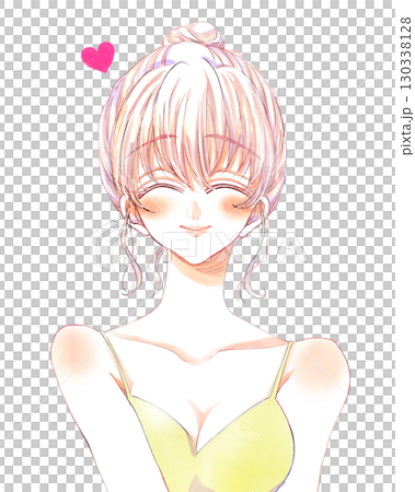 Smiling woman with bun hairstyle, smiling, underwear, heart Smiling woman with bun hairstyle, smiling, underwear, heart 130338128