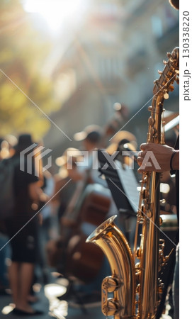 Street jazz band performing with saxophone and double bass 130338220