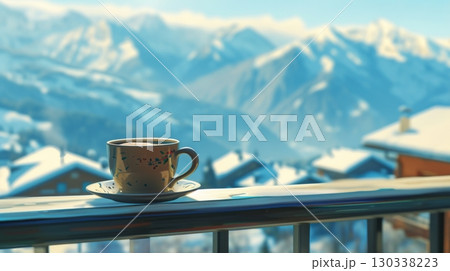Cup of coffee on a balcony overlooking snowy mountains 130338223