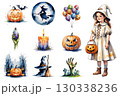 ハロウィンのイラストセット - 魔法使い、カボチャ、おばけ、ゾンビの手など 130338236