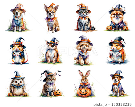 ハロウィンの可愛い動物たちのイラストセット - 猫、犬、ハムスター、ハリネズミなど 130338239