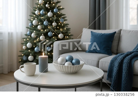 Christmas Living Room with Decorated Tree and Cozy Decor 130338256