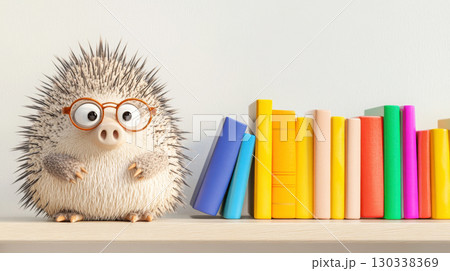 Porcupine teacher with glasses stands beside minimalist bookshelf in clean white classroom with colorful textbooks 130338369