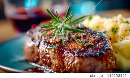 Juicy grilled steak with cranberry sauce, rosemary garnish, and creamy mashed potatoes served on a dinner plate 130338395