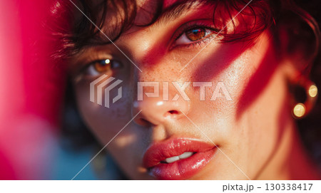 Close-up portrait of a woman with curly hair, glowing skin, and red light shadows creating an artistic dramatic effect 130338417