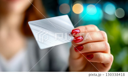 Close-up of woman holding a blank white business card with red nail polish in a blurred background 130338418