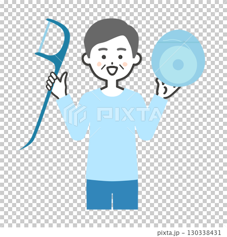 一位微笑的老人拿著一根大牙線的插圖 130338431