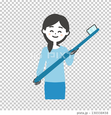 Illustration of a smiling woman holding a big toothbrush Illustration of a smiling woman holding a big toothbrush 130338438
