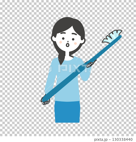 一位女士拿著一把又大又舊的牙刷的插圖 130338440