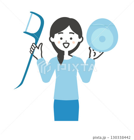 糸ようじとフロスを持つ笑顔の女性イラスト 130338442