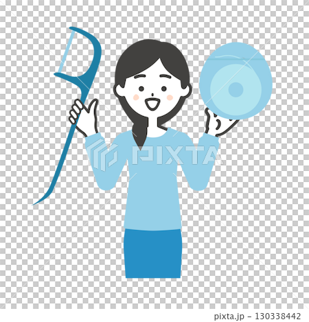 糸ようじとフロスを持つ笑顔の女性イラスト 130338442