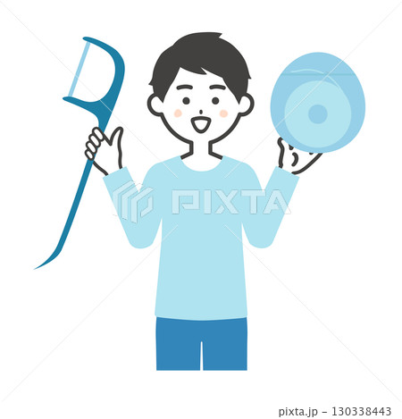 糸ようじとフロスを持つ笑顔の男性イラスト 糸ようじとフロスを持つ笑顔の男性イラスト 130338443