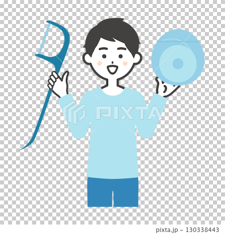 糸ようじとフロスを持つ笑顔の男性イラスト 糸ようじとフロスを持つ笑顔の男性イラスト 130338443