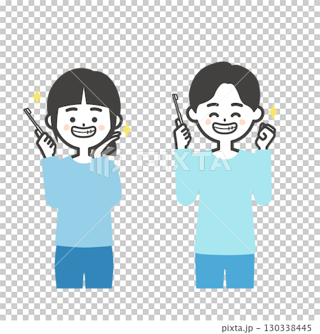 歯を見せて笑う歯ブラシを持った子供たちイラスト 130338445