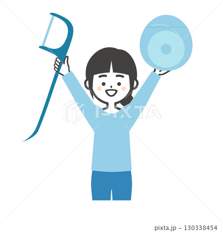 歯間ブラシとフロスを持つ女の子イラスト 130338454