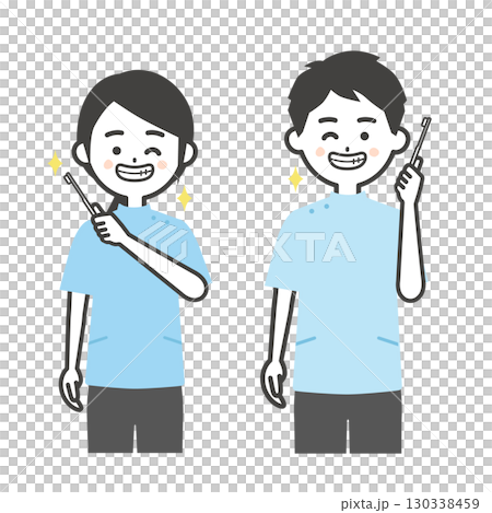 歯ブラシを構えてきれいな歯を見せるケーシー姿の男女イラスト 130338459