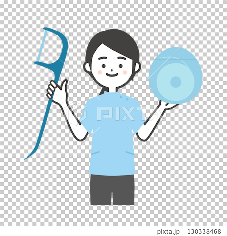 一名身穿凱西服裝的婦女手持牙線和牙線的插圖 130338468