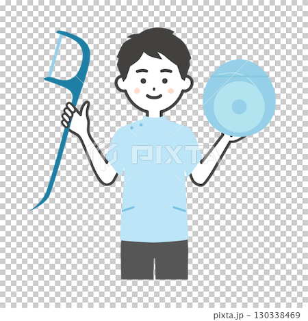 一名身穿凱西服裝的男子手持牙線和牙線的插圖 130338469