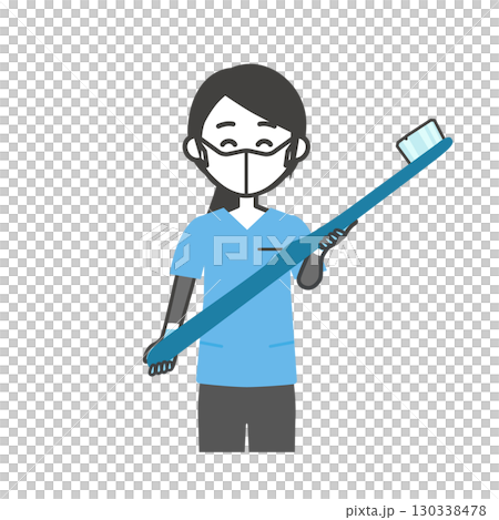 圖：一位身穿手術服、微笑、手持大牙刷的女士 130338478