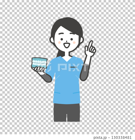 歯の模型を持って指を立てるスクラブ姿の女性イラスト 130338481