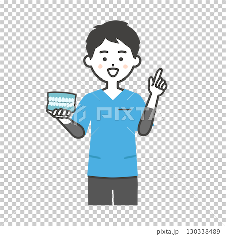 歯の模型を持って指を立てるスクラブ姿の男性イラスト 130338489