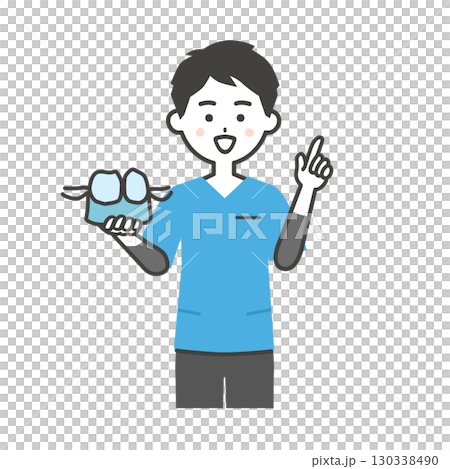 部分入れ歯をもって指を立てるスクラブ姿の男性イラスト 130338490