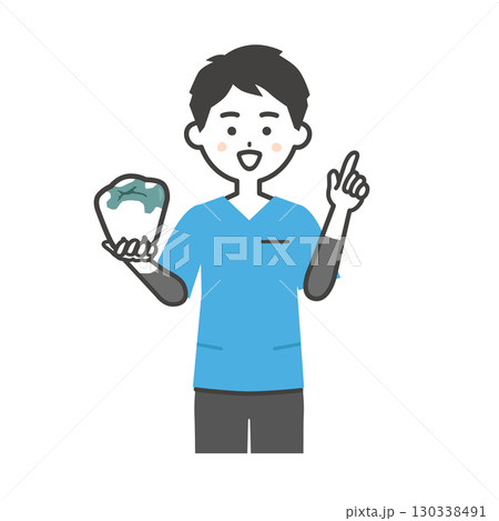 詰め物をした奥歯をもって指を立てるスクラブ姿の男性イラスト 130338491