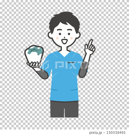 詰め物をした奥歯をもって指を立てるスクラブ姿の男性イラスト 130338491