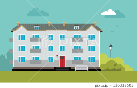 Apartment building. Flat design typical buildings old houses. Cute design for textile, wallpaper, background.	 130338503