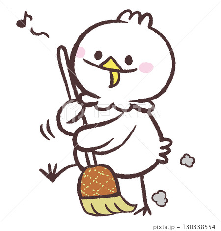 歌いながらほうきで掃く白い鳥のイラスト 130338554